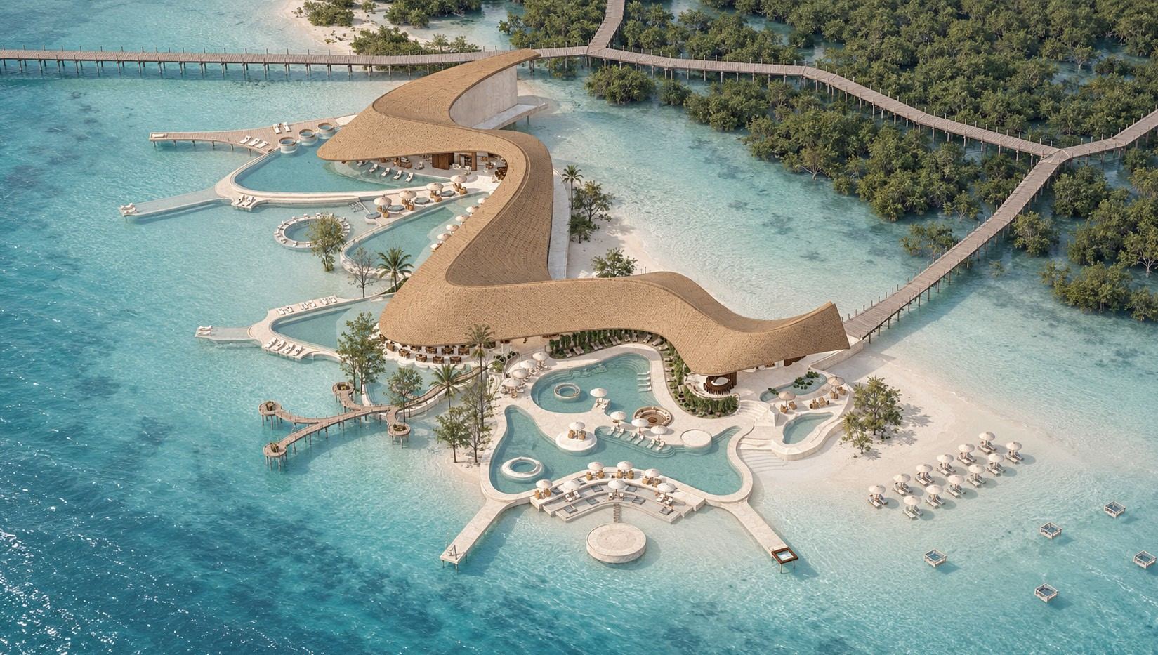 Aerial view of the beach club concept with woven canopies and tidal pools